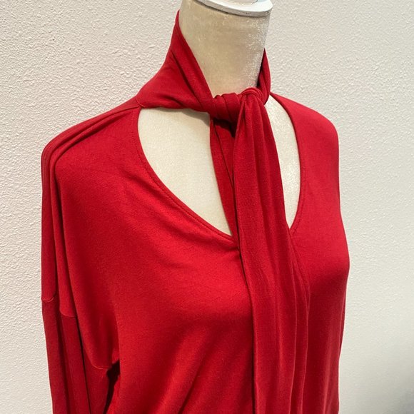 CAbi Red Blouse Long Sleeve Sweater Neck Tie Medium Holiday Rayon - Picture 4 of 10